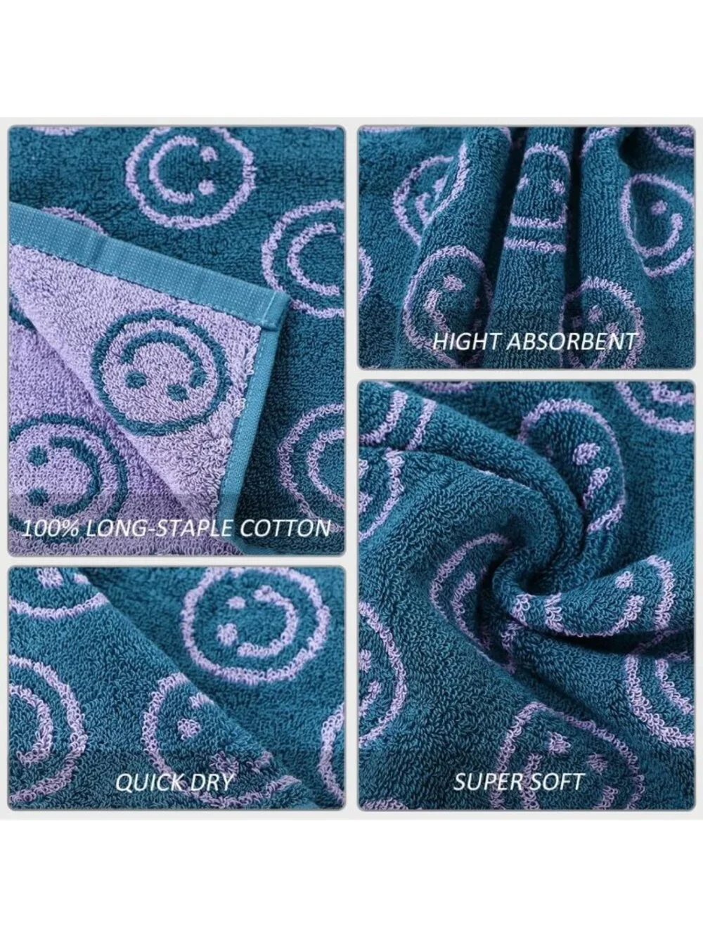 Soft 100% Cotton Luxury Smiley Face Bath Towel Set - Purple & Green Washcloths